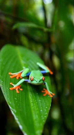 A Vibrant Red-Eyed Tree Frog in its Lush Green Habitat #Nature #Frog #Rainforest