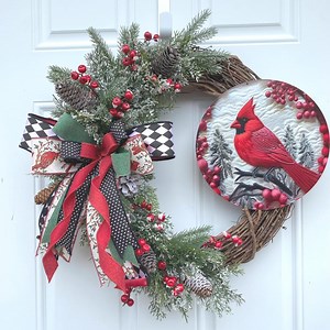 Christmas Cardinal Door Wreath, Christmas Grapevine, Winter Flocked Greenery and Red Berries, - Etsy