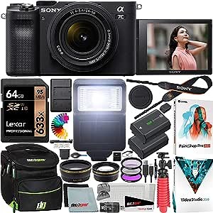 Sony a7C Mirrorless Full Frame Camera Alpha 7C Body with 28-60mm F4-5.6 Lens Kit Black ILCE7CL/B Bundle with Deco Gear Case + Extra Battery + Flash + Filters + Macro & Telephoto Lenses + Accessories