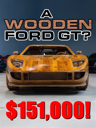 This full-size wooden Ford GT just sold for a mind-blowing $151,000 on Bring a Trailer! 😱🔥 #ford #automobile #classiccars Belgian artist Olivier De Schrijver spent 4,000 hours hand-sculpting this 1:1 rolling sculpture — yes, it's REAL WOOD from top to bottom! Check out these insane details: Fully opening doors Acrylic windshield & windows Steerable front wheels on steel axles Wooden wheels with carved tread & lug nuts Wooden brake rotors Complete wooden interior: bucket seats, 3-spoke steering