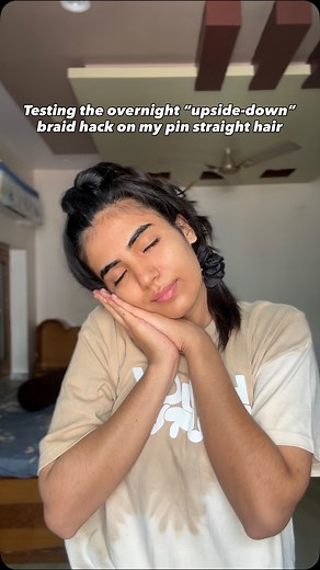 Yashasvi Soni on Instagram: "✨ I’ve seen this overnight “upside-down braid” hack everywhere, so of course I had to try it on my pin-straight hair  The real question is… will I wake up with dreamy waves or just tangled braids?  Stay tuned for the morning reveal  Kya lagta hai??"