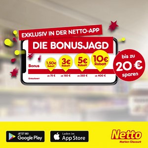 Entdecke die neue Bonusjagd in der Netto-App, sammle deine Netto-Einkäufe im Oktober und schalte exklusive Bonuscoupons frei! 🏆😎 Jetzt gleich loslegen 👉 www.netto-online.de/download-app | Netto Marken-Discount