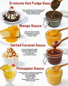 Drizzle, dip, or pour — these homemade sauces do it all! Recipes👇 1. 5-minute Hot Fudge Sauce Ingredients: 1 can (396g) sweetened condensed milk 1 cup (170g) semi-sweet chocolate chips 2 tablespoons (28g) unsalted butter 1 teaspoon vanilla extract Add sweetened condensed milk and chocolate chips to a saucepan. Heat over medium heat, stirring constantly, until chocolate chips are melted. Remove from heat and stir in butter and vanilla. Stir until butter is melted. Place hot fudge in a jar. Use w