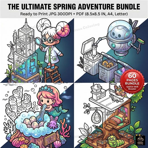 60 Isometric Coloring Pages Bundle | Spring, Easter, STEM, Ocean (printable PDF Activity) - Etsy UK