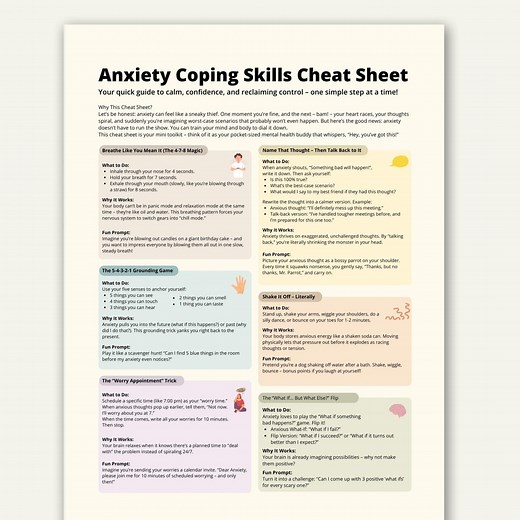 Anxiety Coping Skills Cheat Sheet, Stress Relief and Grounding Techniques Printable, Mental Health Worksheet - Etsy