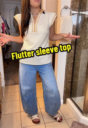 This flutter sleeve top is the perfect top for spring! @DOKOTOO-US #fluttersleevetop #springtop #lightweighttop #stripedtop #dresstop