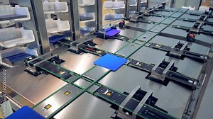 Footage of a working factory mechanism of solar cells distribution - Innovation technology concept.