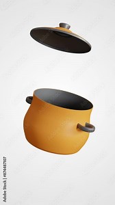 3d animation of saucepan with lid opening and closing on isolated white background