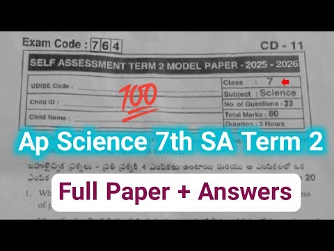 💯real 7th Sa2 general science question paper 2026 with answers|Ap science 9th Sa Term 2 paper