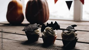 Someone takes a treat from the table. Sweets for halloween party on a wooden table. Halloween style party, candy bar and decorations with pumpkins. Halloween cake, cupcakes and muffins with chocolate