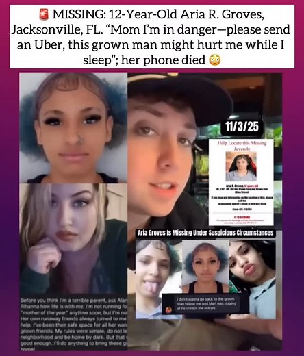 🚨 MISSING: 12-Year-Old Aria R. Groves, Jacksonville, FL, last seen Oct 25, 2025, 9 days ago after texting her mother to send an Uber because she was creeped out by the grown man whose house she was staying at after she ran away. “I’m in danger—please send an Uber, this grown man might hurt me while I sleep”; her phone died 😳 | Rain Drops Media