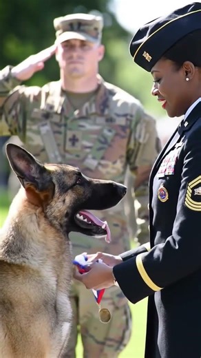 A cinematic slow motion shot of a military dog proudly receiving a medal while soldiers salute in ..