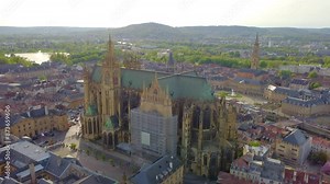 Aerial Arc Shot Going Around Gothic Structure, Metz Cathedral in France Stock Video