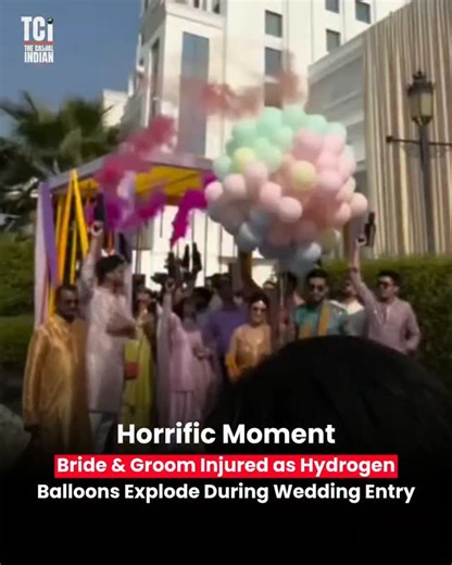 The Casual Indian 🇮🇳 on Instagram: "A wedding celebration turned into chaos when hydrogen balloons used for the couple’s grand entry suddenly exploded, leaving the bride and groom with burn injuries. The blast happened just as they walked in, with guests shocked and running for safety. Hydrogen balloons are highly flammable, yet they continue to be used widely at events despite repeated warnings from authorities. This incident is a painful reminder of how a single spark, a decorative prop, or 