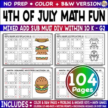 4th of July Mixed Add Sub Mult Div within 10 Mystery Code Color Grade 2 3 4 Math