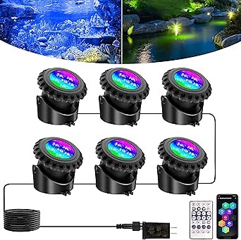T-SUN LED Pond Lights Underwater, Color Changing Submersible Fountain Lights with APP Control, Waterproof Spotlight with 16 Million Colors, Timing, Music Sync (RGB, 6-Head)
