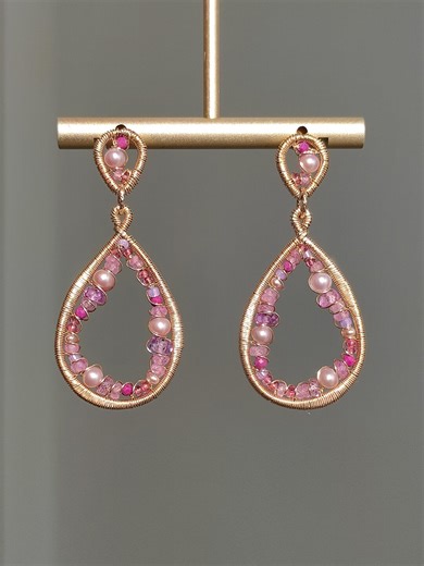 Hand-wrapped Earrings With Mixed Pink Gemstones // 14k Gold Filled // Unique Design Earrings // Gift for Her - Etsy