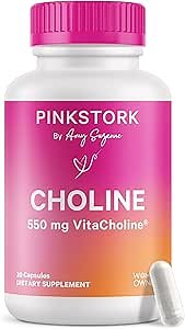 Pink Stork Choline - 550 mg Choline Bitartrate from VitaCholine for Pregnant + Postpartum Moms - Prenatal Vitamin for Fetal Cognitive Health + Breast Milk Quality - 1 Capsule Daily, 30 Count