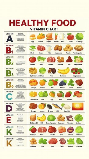 This vitamin-rich food chart helps in choosing the right foods to maintain good health. 🍎🥦🥚✨ Vitamins and Their Food Sources: 1. Vitamin A (Fat Soluble) Function: Essential for eyesight, immune function, and skin health. Deficiency Leads To: Night blindness, weak bones. Food Sources: Egg Butter Papaya Carrot Milk Liver Cabbage 2. Vitamin B1 (Water Soluble) Function: Supports nerve function and metabolism. Deficiency Leads To: Beriberi, muscle weakness. Food Sources: Peas Meat Milk Soybeans Po
