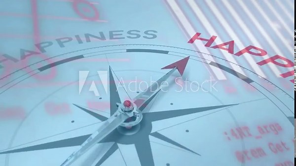 Compass needle pointing toward happiness in abstract digital dial, showing metallic hub, red code