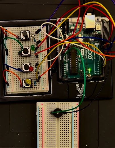 Voltmind Engineering on Instagram: "Built my own mini Atari-style memory game on a breadboard using Arduino 🎮⚡️ 4 LEDs, 4 push buttons, and a buzzer — it plays a sequence and you have to repeat it (Simon Says vibes). Every round gets faster and harder… and yes, it’s addictive 😄 #arduino #engineeringstudents #electronics #atari"