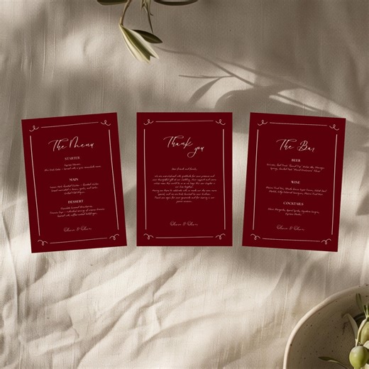 Burgundy Wedding Menu Template Set, Editable Menu Bar & Thank You Cards, Modern Elegant Reception Printable, Instant Download - Etsy