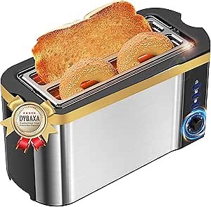DyBaxa Stainless Steel Toaster 4 Slice, 2 Slice Long Slot, Compact 4 Slice Toaster Wide Slot for Bagel Sourdough Artisan Croissant Muffin, 6 Browning Control, Warming Rack, Removal Crumb Tray