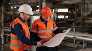 Design confirmation, Engineer perspective, Drawing consultation. Construction diagrams are subject of detailed review by engineer and worker inside factory.