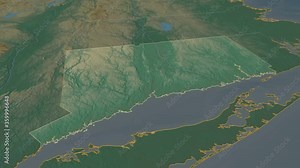 Connecticut, state with its capital, zoomed and extruded on the relief map of United States in the conformal Stereographic projection. Animation 3D