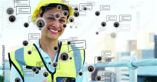 Female worker in hard hat on roof, camera detecting face and showing construction box for safety