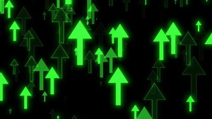 Abstract neon arrows flying up an animation loop on a black background