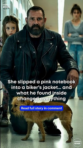 The little girl slipped a pink notebook into my jacket pocket before anyone finished calling me a monster. That was the first truth. The second was the dog. He was a small, scruffy mix the color of toast left a little too long in the oven. One ear folded, one ear up, ribs like drawn lines under his coat. He shadowed the girl’s leg like he had been assigned the job by God Himself. When the fluorescent lights popped and hissed above the frozen aisle, the dog flinched so hard his paws slid on the f