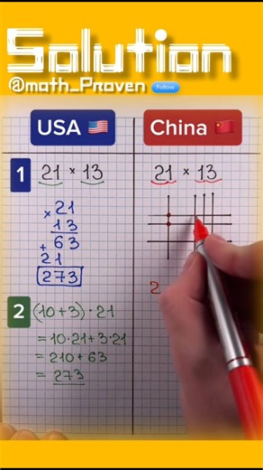 Math_proven on Instagram: "USA vs China Multiplication Trick 🔥 | 21 × 13 Easy Method Explained 📚Learn how different countries solve multiplication! 🇺🇸🇨🇳 USA method vs China line-method — both give the SAME answer! Math is a universal language. Which method do YOU use?👇 math trick, multiplication trick, Chinese multiplication, USA math method, line method multiplication, easy math tutorial, global math reel, viral math reel, educational reel, math hack, learn fast, multiplication method 🇮