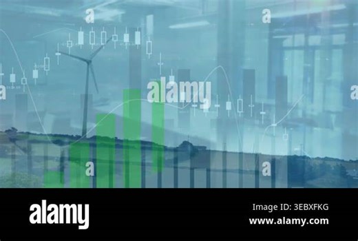 Animation of financial graphs over landscape with wind turbine. Global energy, finance, economy and ecology concept digitally generated video Stock Video Footage - Alamy