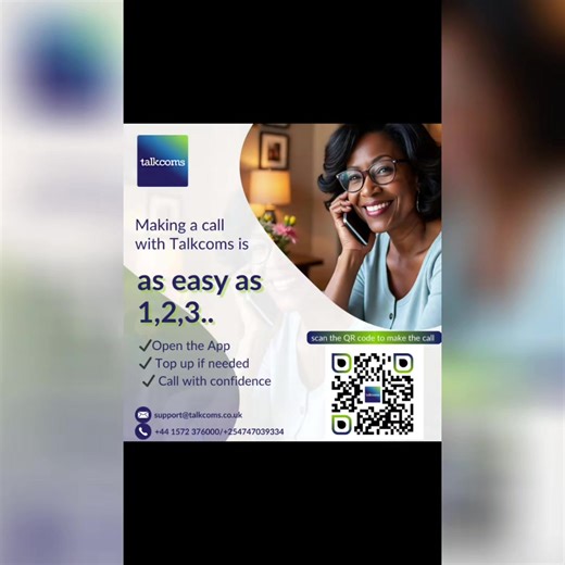 Calling home is now as easy as 1, 2, 3. Open the Talkcoms app Top up Call. That’s it. No stress. Open the Talkcoms app and start calling today: https://qrfy.io/NTX6prqoyq