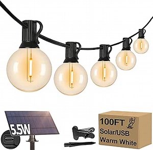100FT G40 Solar String Lights, Globe Outdoor String Lights with 52 E12 Waterproof LED Bulbs, 2700K Shatterproof Patio Lights, Solar Powered Hanging Lights for Porch Garden Backyard Pergola Bistro Deck