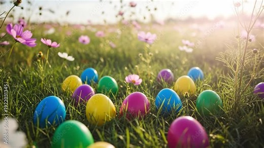 Vibrant painted Easter eggs scattered in a lush wildflower field for a sustainable holiday hunt