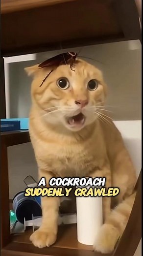 Cat Eats Cockroach on His Head! 😱🐱#shorts #animals #cat