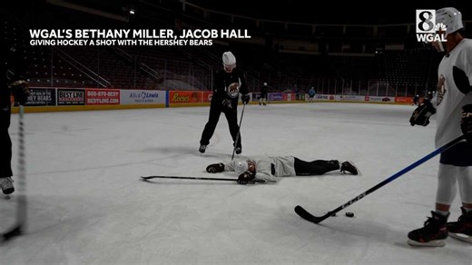 Harder than it looks! Bethany Miller, Jacob Hall hit the ice (literally) with the Hershey Bears
