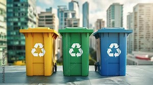 Bins for sorting various types of waste placed in front of a cityscape – AI animation, 4k video