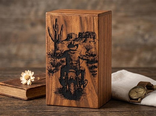 Customized Wooden Urn Box With Cowboy Motorcycle Engraving | Personalized Memorial Ashes Keepsake | Rustic Western Cremation Urn Box - Etsy