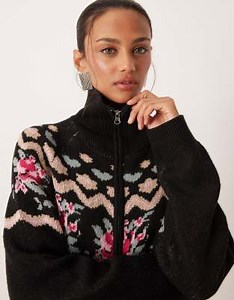 For Love & Lemons knitted zip up long sleeve printed jumper in black  | ASOS