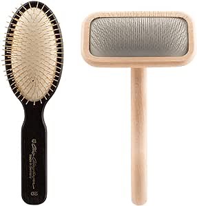 Chris Christensen Grooming Brush Bundle - 20 mm Gold Series Oval Pin Brush, Gold-Plated Stainless Steel Pins, Fragile Coats - Mark II Small Slicker Dog Brush, Round Ground Stainless Steel Pins