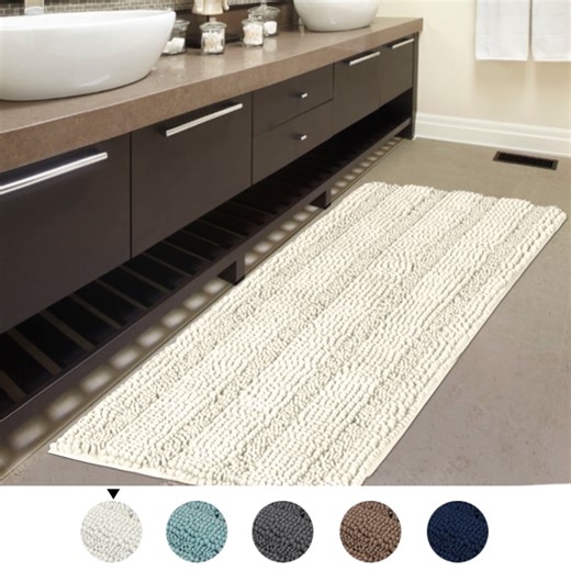 PrimeBeau Chenille Non-Skid Absorbent Ivory Striped Plush Microfiber Bath Rug, 47" x 17" inches