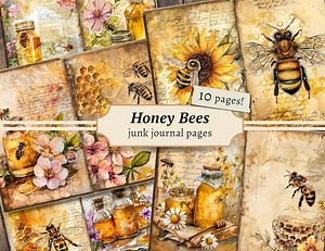 Honey Bee Junk Journal Pages, Digital Scrapbook Paper, Floral Bees Printable, Flower Collage Sheet, Vintage Ephemera, Watercolor Beehive Kit - Etsy