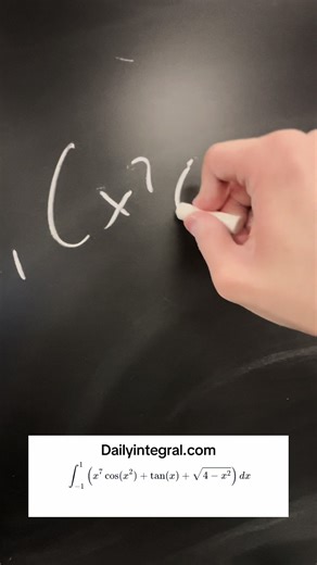 Daily Integral 44: Split this problem up into three different integrals. Know that cos is the only even function. First integral, even function times odd function is equal to an odd function. Second integral, odd function divided by even function is equal to an odd function. Now integrating over a bounded symmetrical interval results in 0. I’ve also proofed it using substitution. First integral when integrating over nothing (1, 1) it’ll results in 0. Second integral after applying substitution a