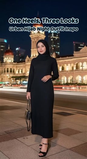 Inspirasi outfit hijab malam urban dengan heels hitam 10cm, padupadan warna elegan, tas mini bertali, cocok untuk city night photoshoot stylish. #OutfitHijab #HeelsHitam10cm #HijabStyleMalam #UrbanNightLook #FashionHijab