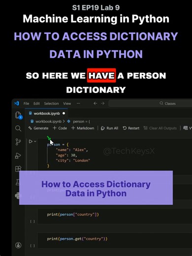 S1 EP19 Lab 9 - Machine Learning in Python - How to Access Dictionary - Data in Python #jupyterlabs #codingforbeginners #jupyternotebook #machinelearningmodels #learntocode #machinelearningbasics #mlforbeginners #algorithims #dataengineering #datascienceforbeginners #vscode #pythoncoding #python #softwaredeveloper #machinelearning #statistics #machinelearningtutorial #PythonForDataScience #datascience #learnpython