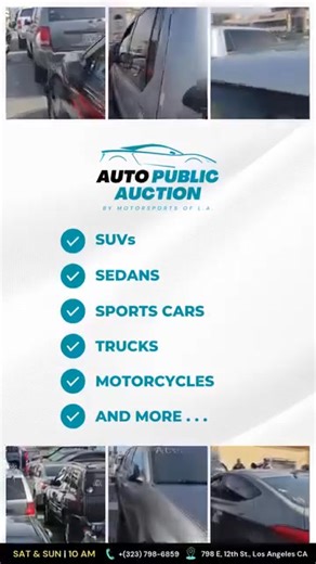 Auction Update: Daily Auctions Now Open at 6 PM! 🚗 Last weekend was a major success as we made a lot of new car owners happy! Missed out? No worries. We're now running auctions EVERY DAY, so there’s a new chance to score your ride every morning. 📅 Daily at 6 PM 📍 Rooftop, 798 E, 12th St., Los Angeles, CA 📞 Call us at (323) 316-7362 or (323) 798-6859 Don’t miss your shot at driving away with your dream car. From sedans to motorcycles, sports cars to SUVs, every day brings fresh inventory and 