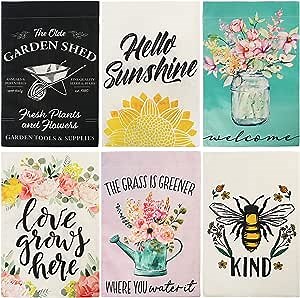 LotFancy Garden Flags, Summer Spring Yard Flags for Outside, 6 Pack of Set, 12x18 Inch Double Sided Burlap Farmhouse Flags, Seasonal Small Decorative Flags